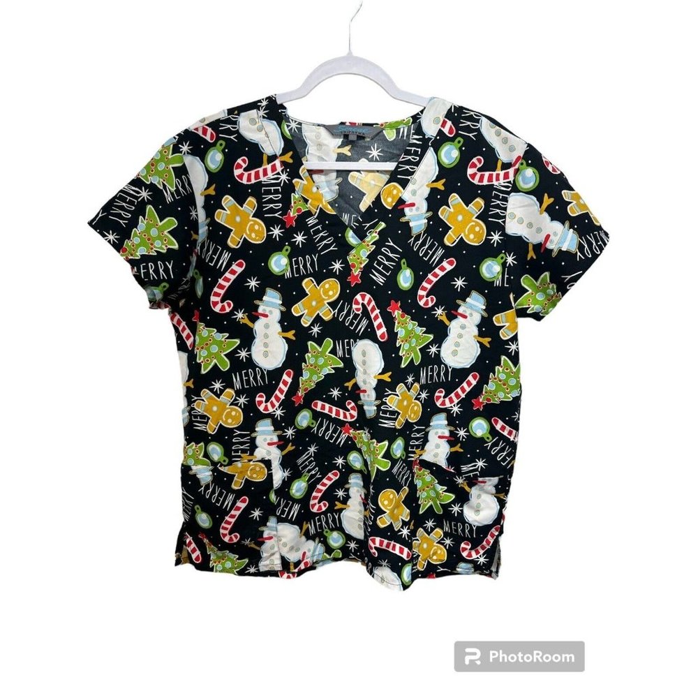 Serene Uniforms Scrub Top Large Multicolor Christmas‎ Snowman Gingerbread Winter